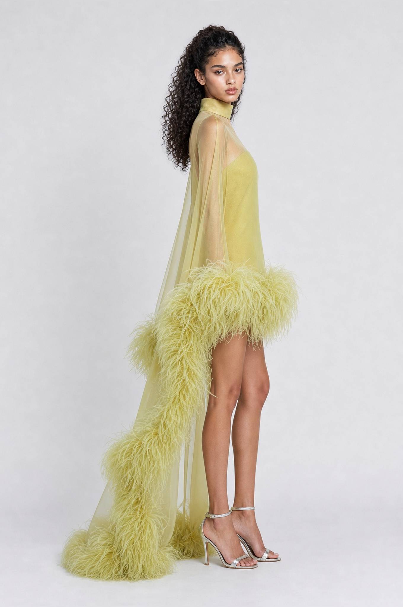 Chartreuse Feather-Trimmed Sheer Cape Gown - High-Fashion Evening Dress With Open Back