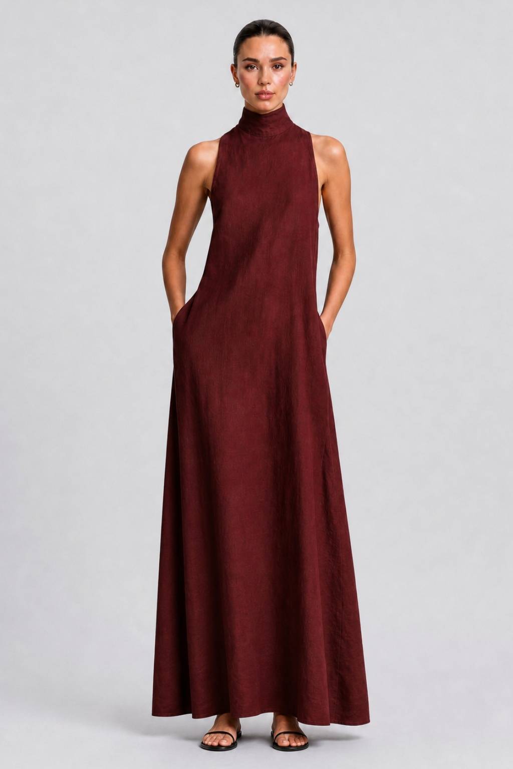Linen-blend Turtleneck Long Dress Classic Minimalist Casual Dress