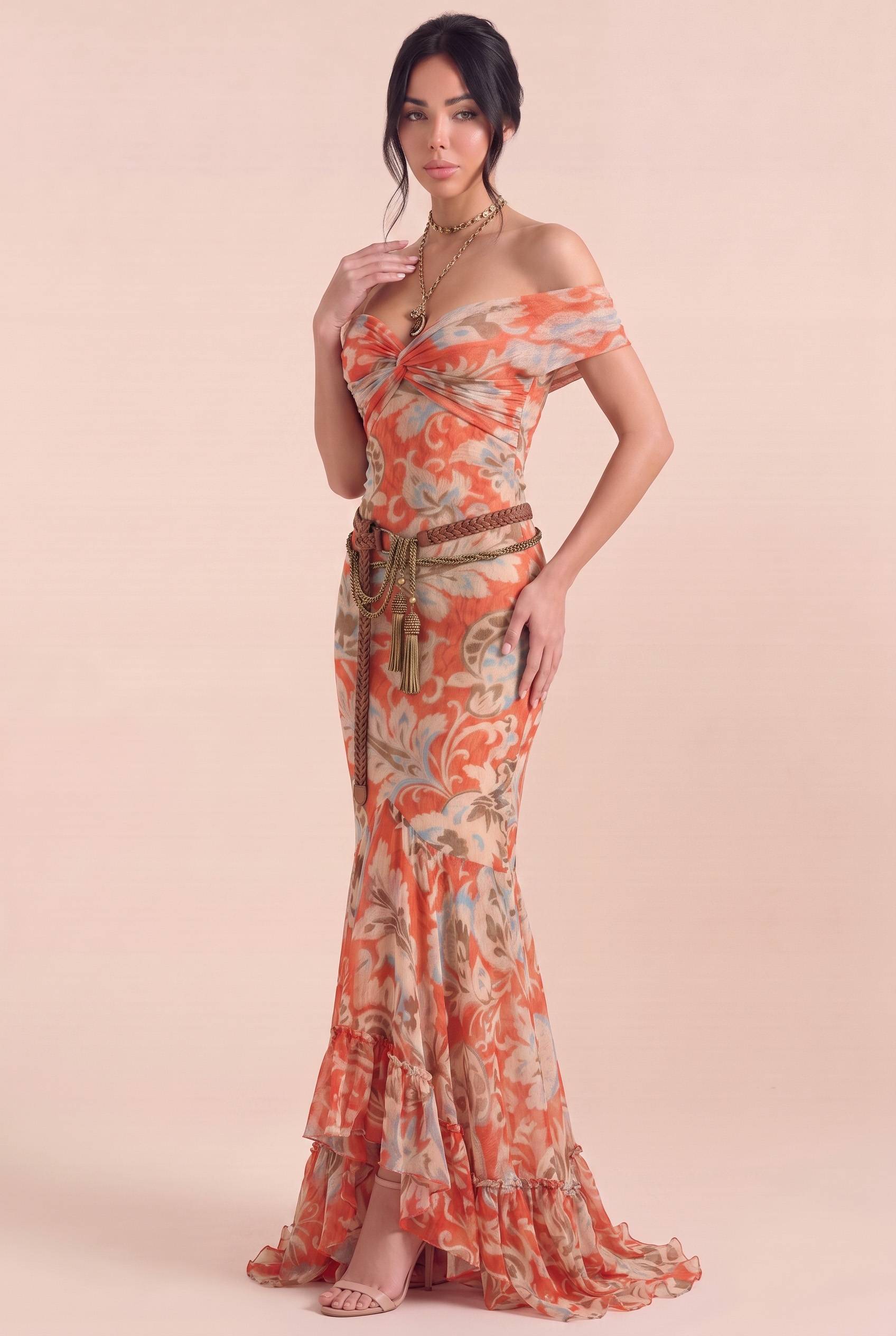 Vintage Red-tone Paisley Kink Sleeveless Slim-fit Fishtail Dress