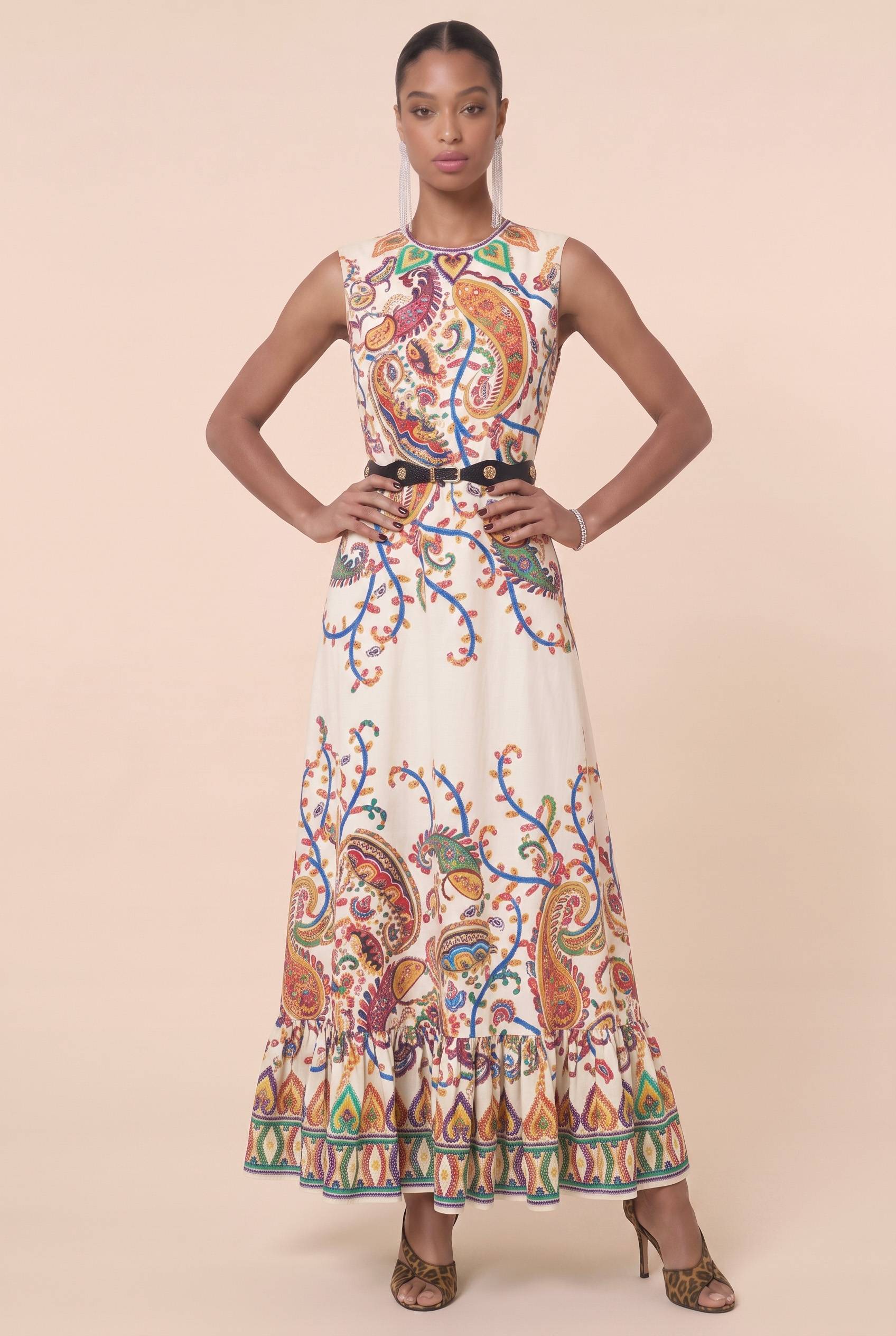 Colorful Cashew Flower Sleeveless Waist Ruffled Long Dress