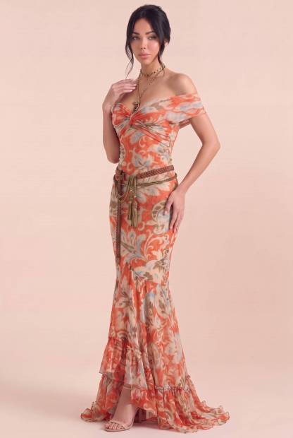 Vintage Red-tone Paisley Kink Sleeveless Slim-fit Fishtail Dress