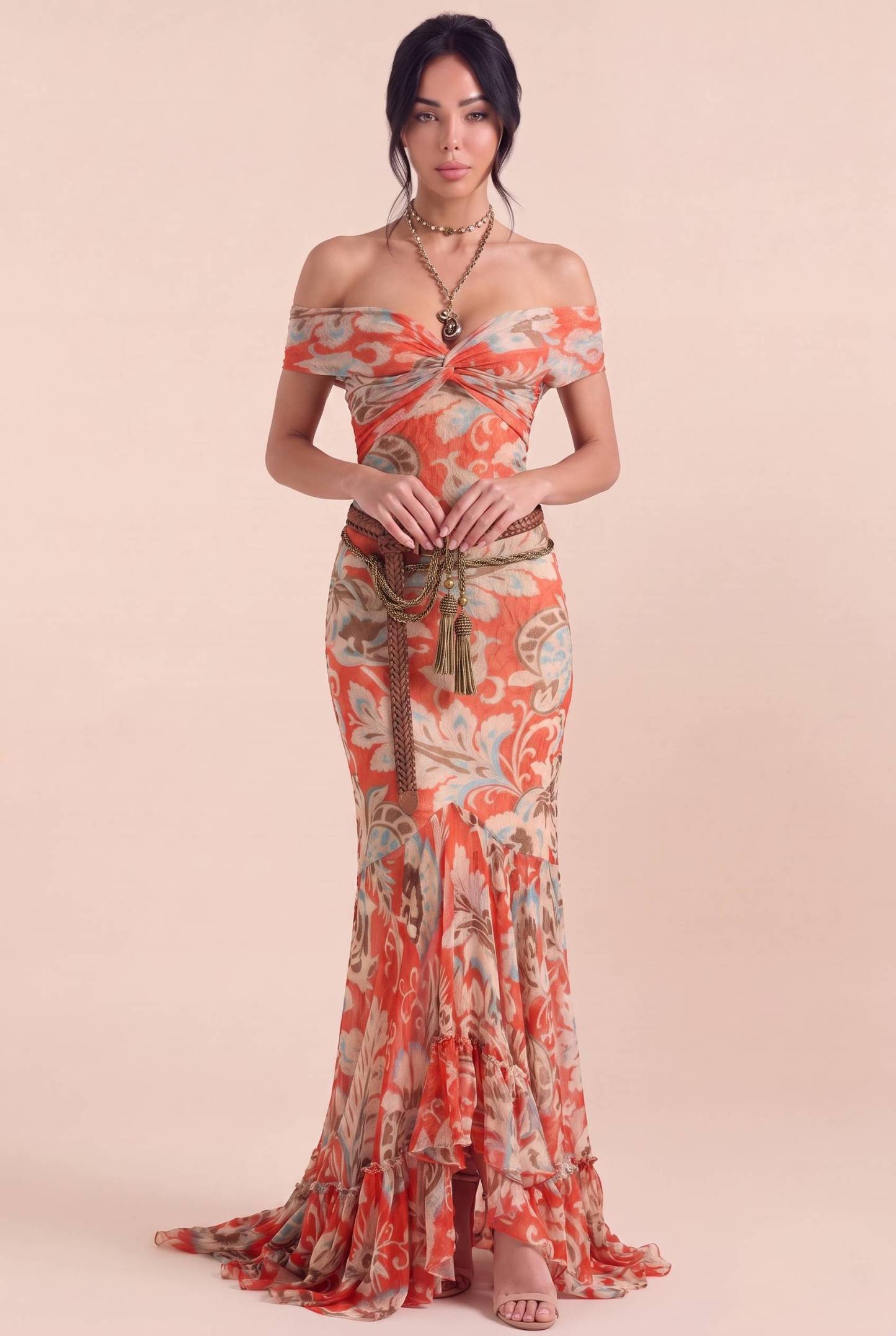 Vintage Red-tone Paisley Kink Sleeveless Slim-fit Fishtail Dress