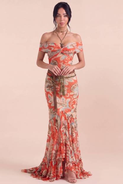 Vintage Red-tone Paisley Kink Sleeveless Slim-fit Fishtail Dress