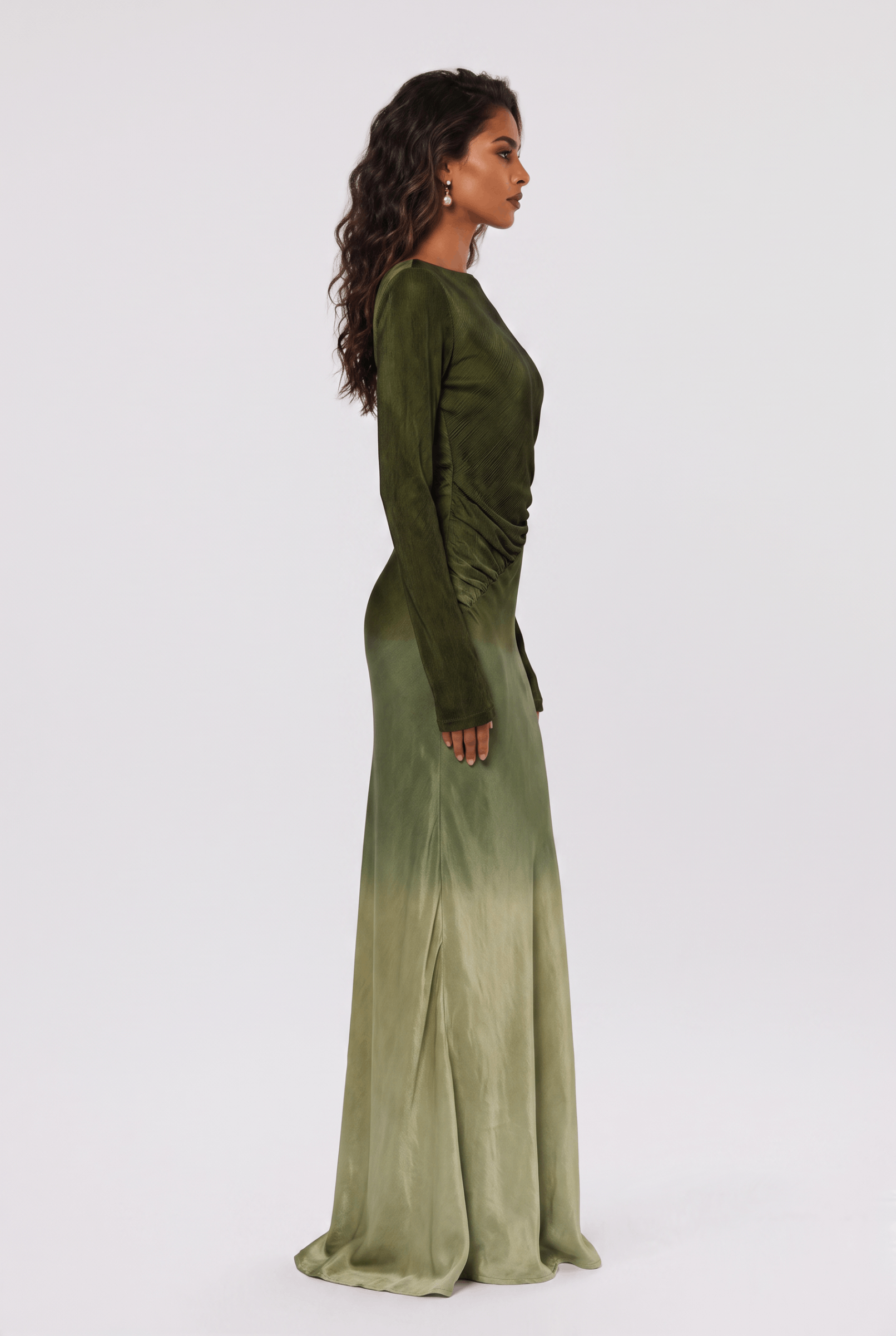 Gradient Olive Green Satin Boat Neck Long Sleeve Side Pleat Slit Slim-Fit Long Dress