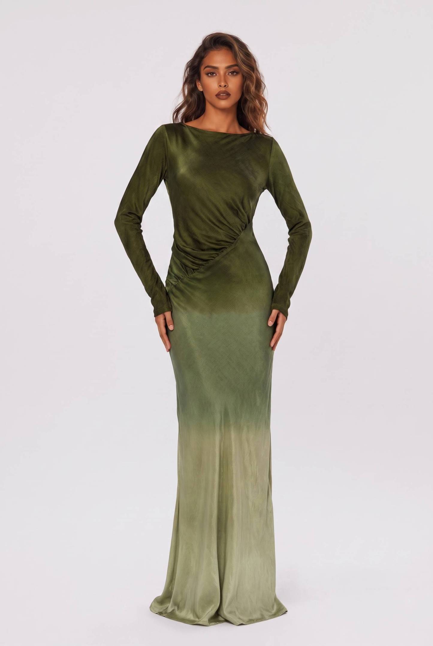 Gradient Olive Green Satin Boat Neck Long Sleeve Side Pleat Slit