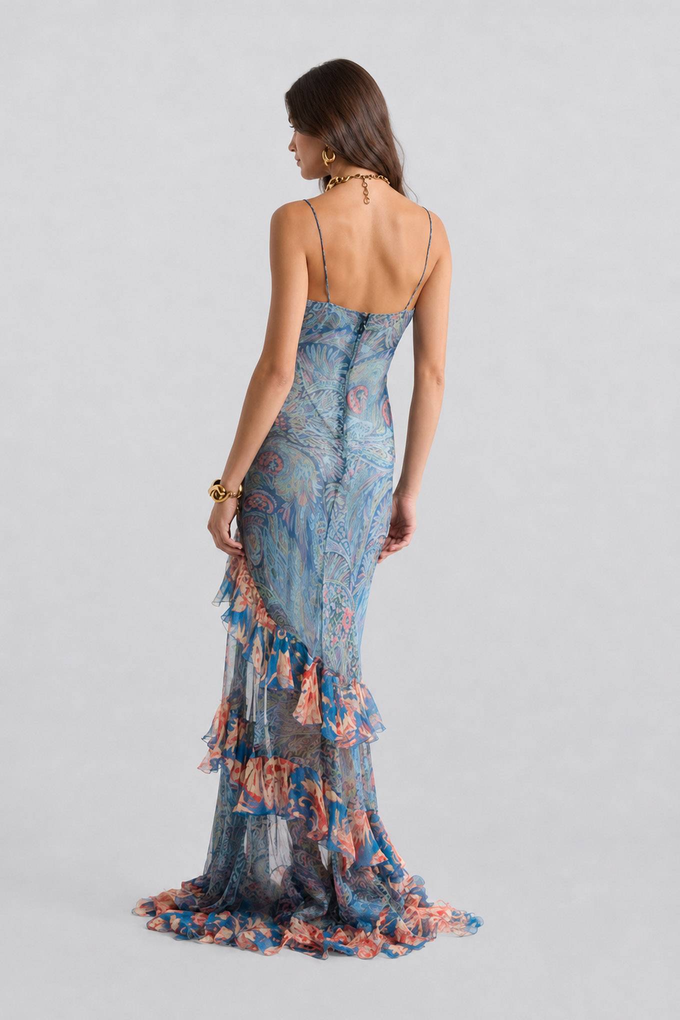 Blue Bottom Vintage Floral V-Neck Thin Sling With Rope Belt Irregular Lotus Leaf Perspective Long Dress