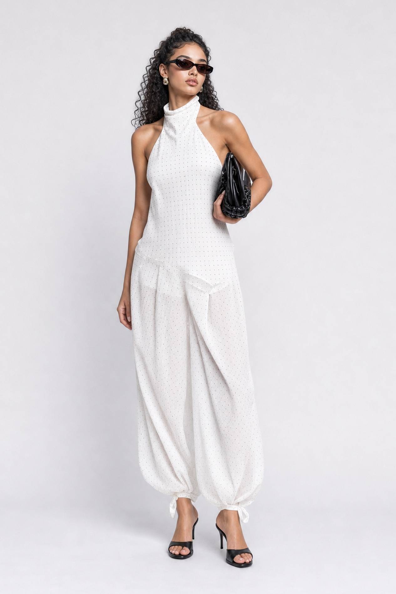 White Polka Dot Halter Neck Two-Piece Set - Backless Cami Top & Balloon Pants Boho Chic Summer Outfit For Beach, Party & Vacation