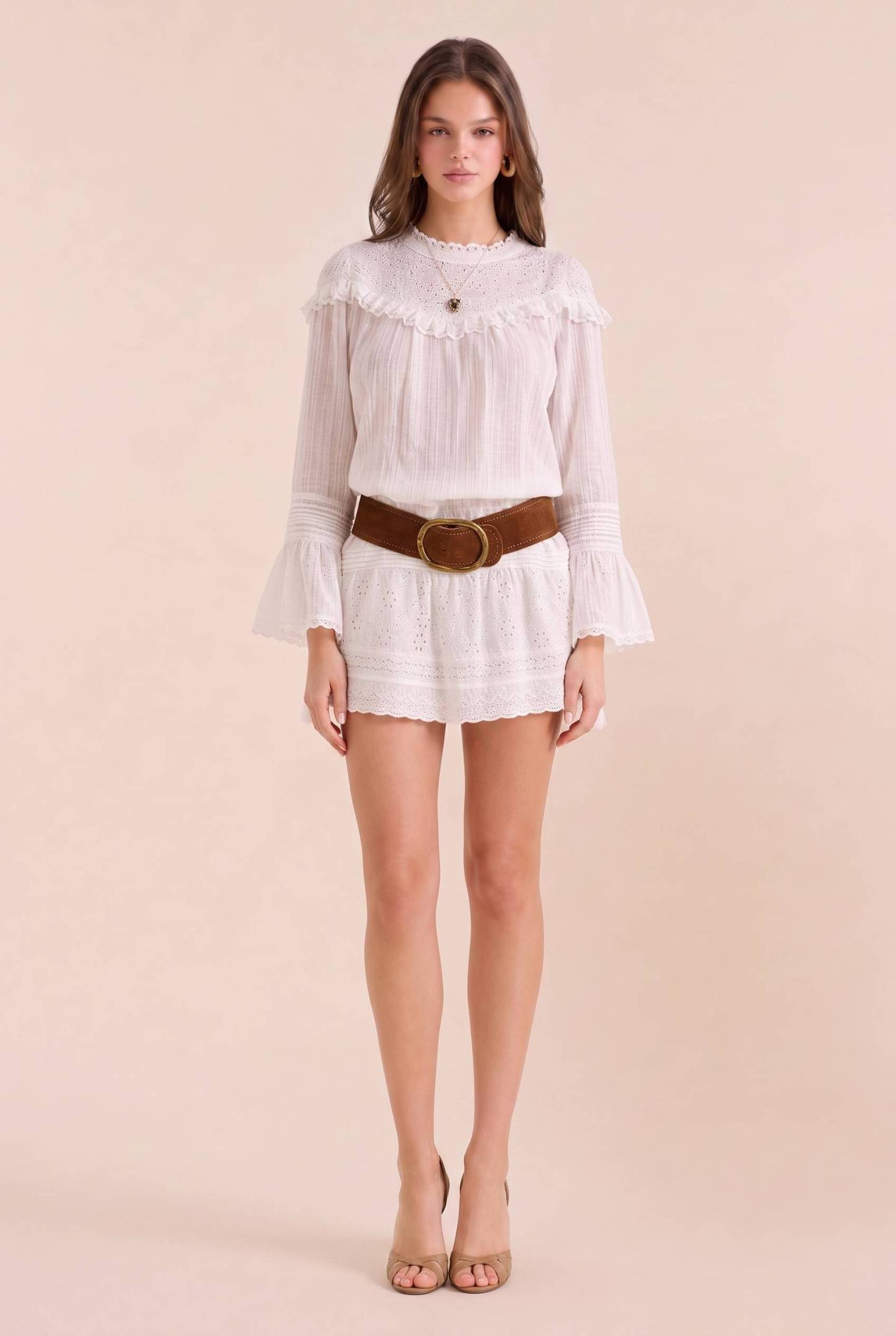White Lace Stand Collar Ruffle Sleeve Waist Lace-up Short Dress