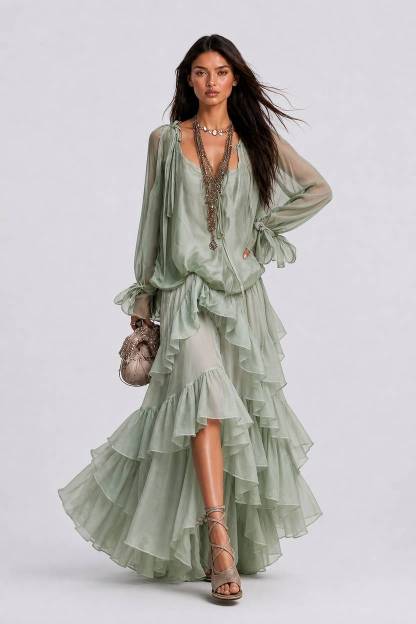Perspective Chiffon Lace-Up Long-Sleeve Top Multi-Layer Ruffled Long Skirt Holiday Suit
