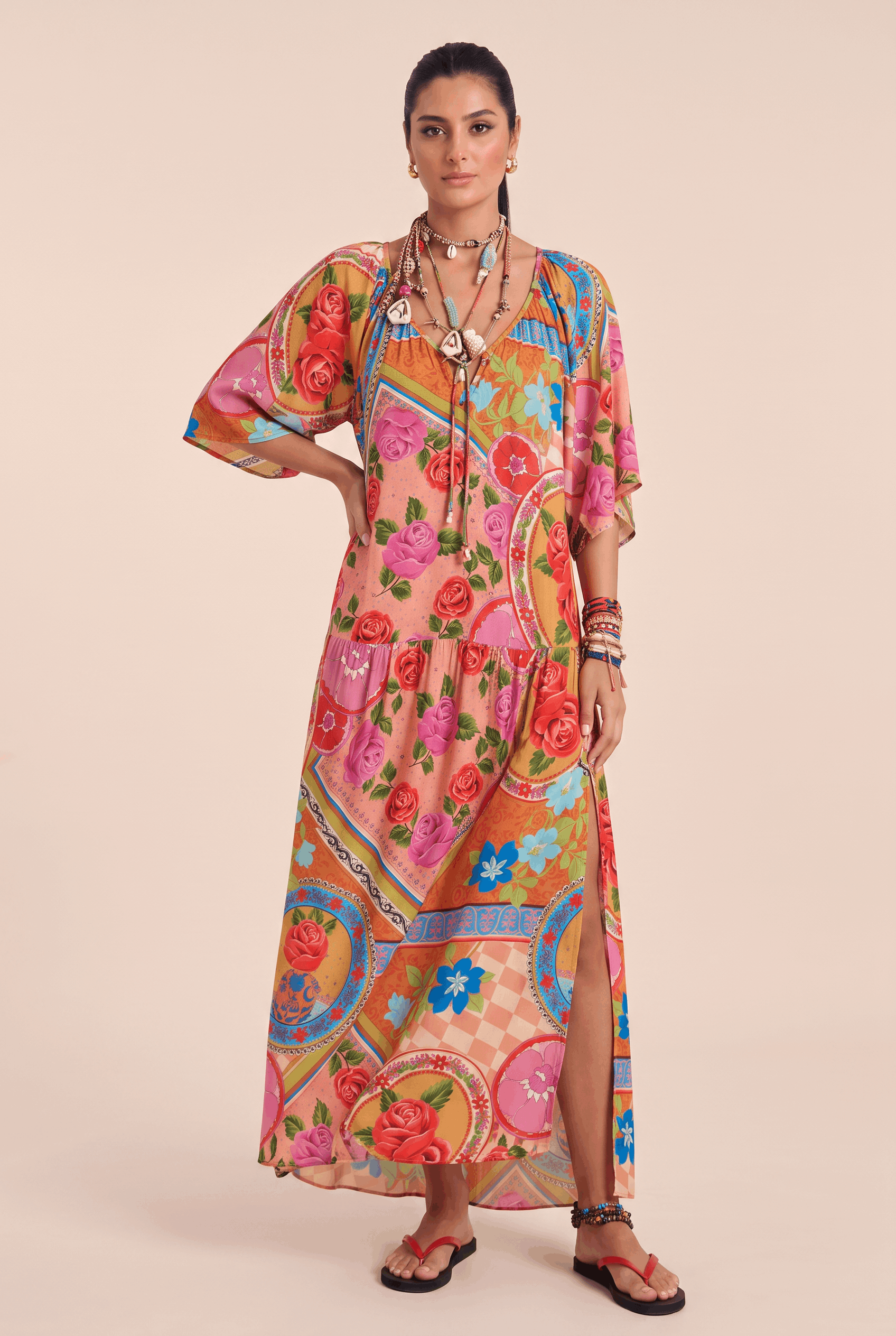 Vintage Colorful Rose Patchwork Printed V-Neck Strap Trumpet Sleeve Long Dress