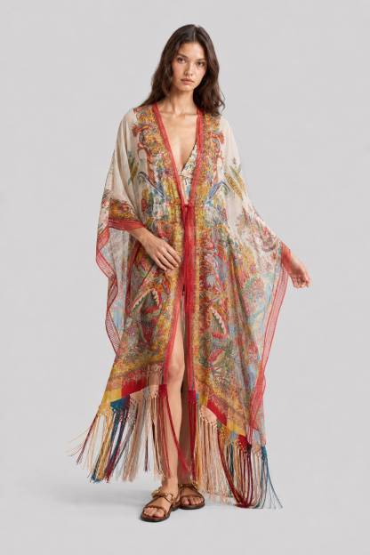 Vintage Ethnic Print Lace-Up Tassel Split Beach Blouse Robe