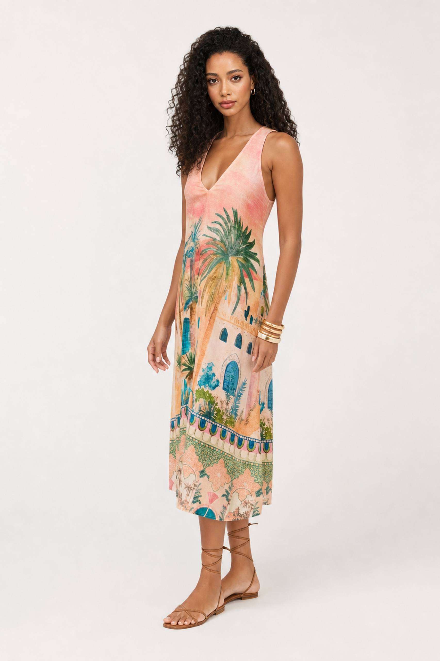 Holiday Palm Architectural Print V-Neck Sleeveless Midi Dress