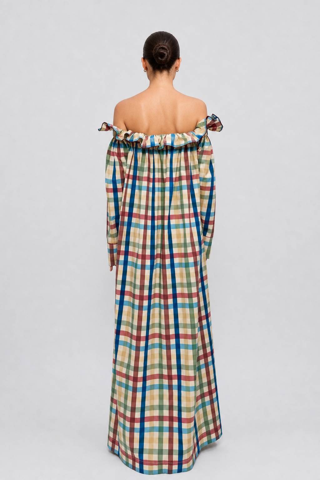 Colorful Plaid Wooden Ear Off-shoulder Long Sleeve Breasted Loose Long Shirt Dress