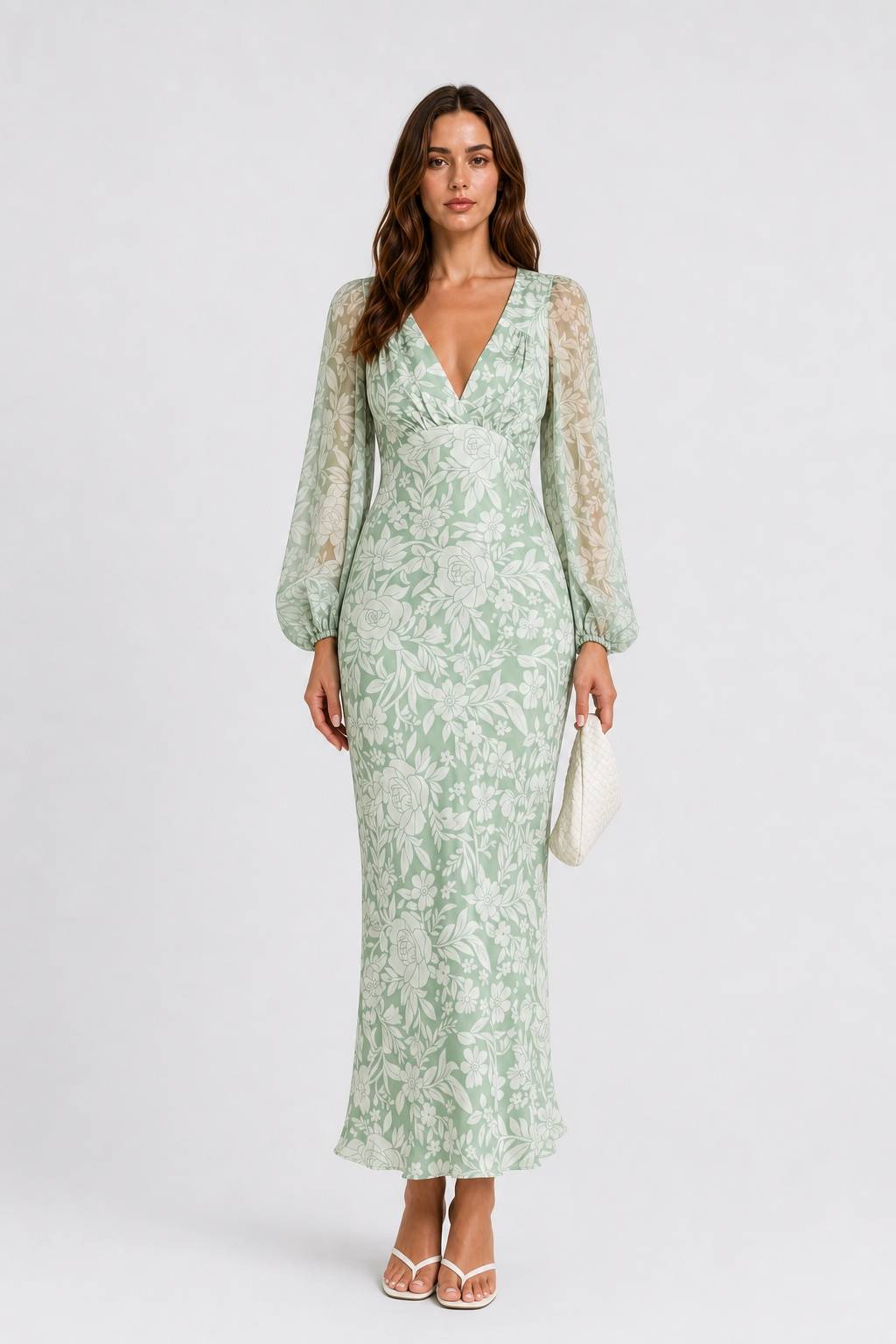 V-Neck Bubble-Sleeve Lightweight Satin Floral Dress