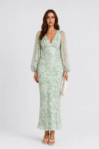 V-Neck Bubble-Sleeve Lightweight Satin Floral Dress