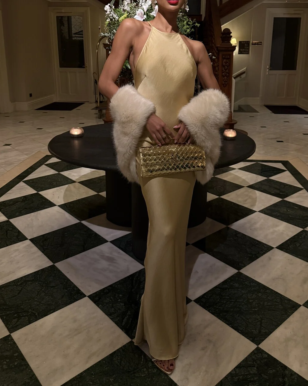 Champagne Gold Halter Neck Maxi Dress With Geometric Chain Back - Luxe Satin Evening Gown