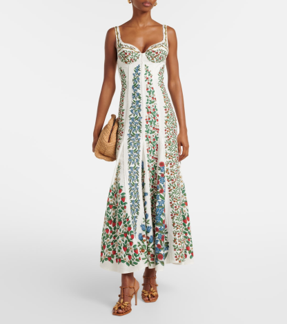 Floral Corset Dress With Berry And Flower Print Lace Seam Square Back