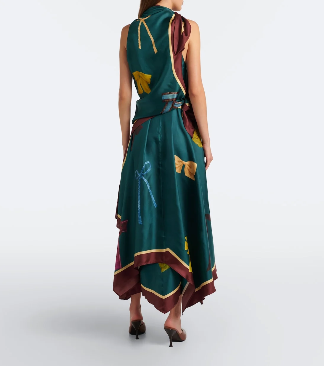 Green Scarf Print Halter Neckline Handkerchief Hem Satin Midi Dress [erp-image:279b148cd4bafedd2ce0794c]