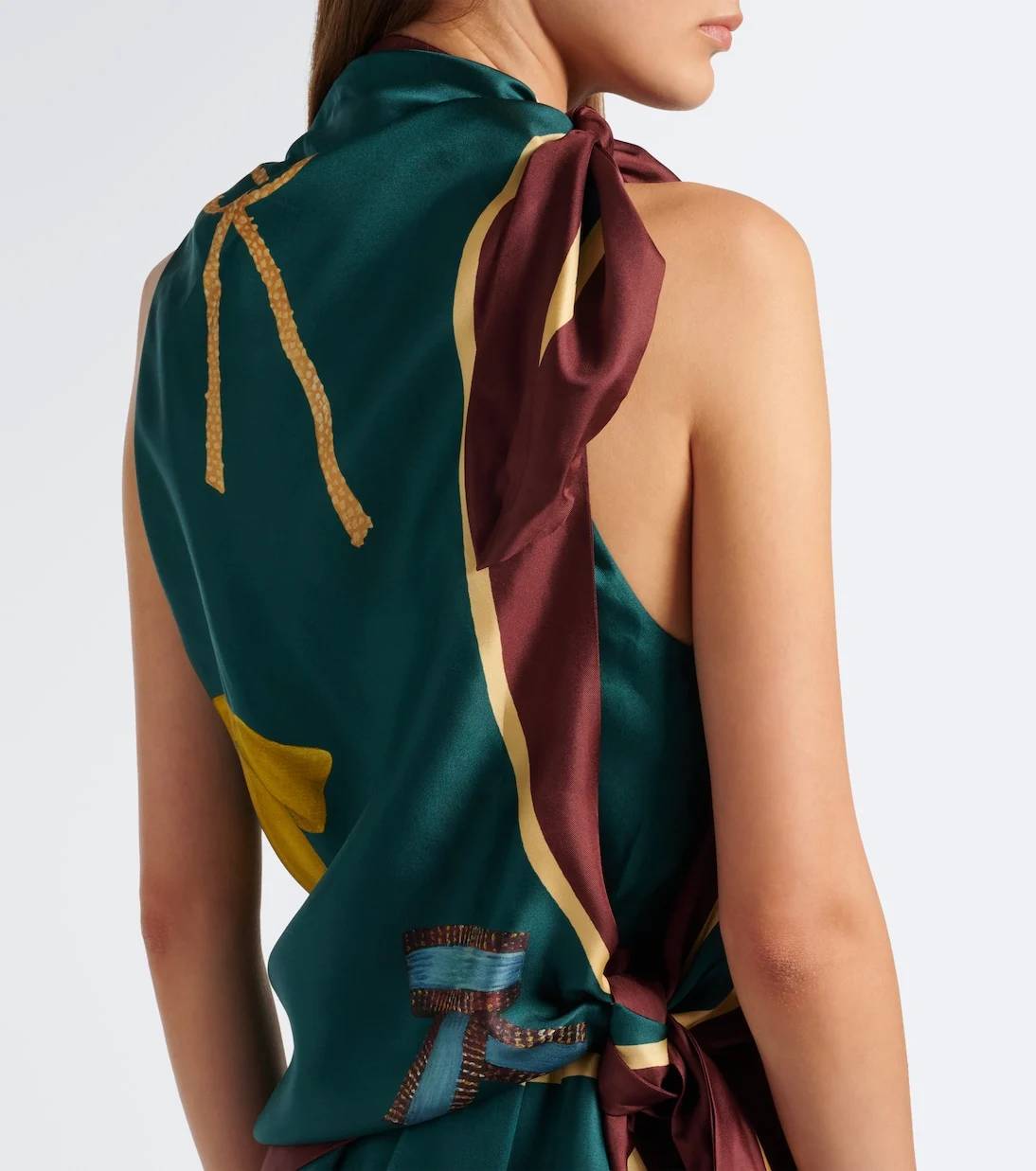 Green Scarf Print Halter Neckline Handkerchief Hem Satin Midi Dress [erp-image:3a59f52ab25a3adf8763cc30]
