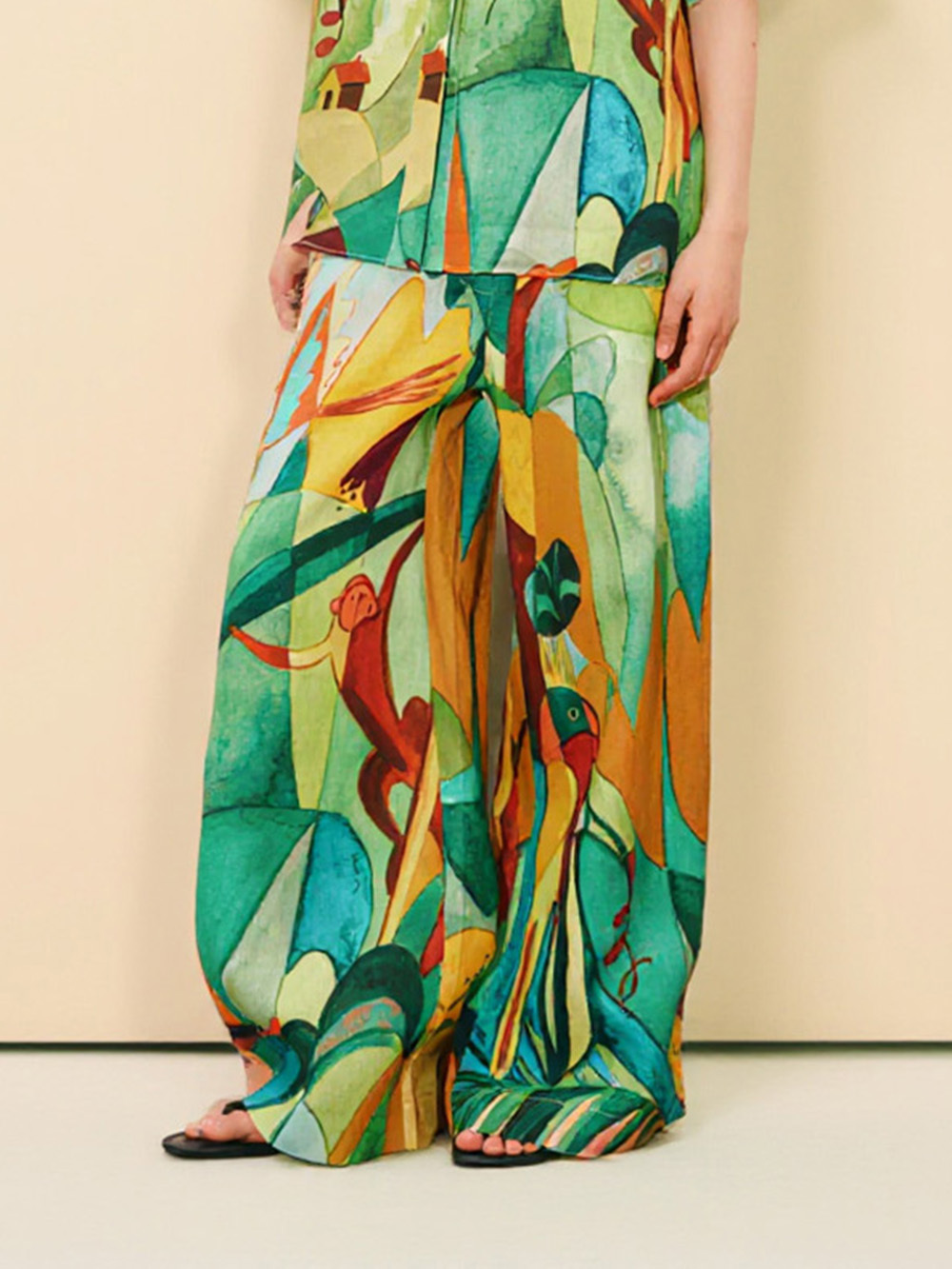 Unique Modern Linen Abstract Print Loose Wide-Leg Pants