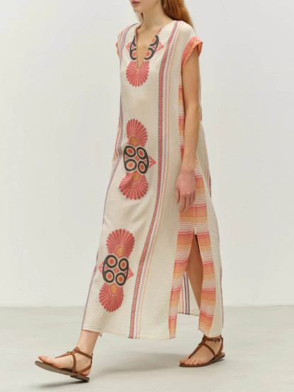 Retro Casual Ethnic Style Floral Print Slit Maxi Dress