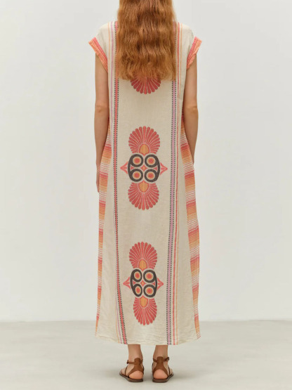 Retro Casual Ethnic Style Floral Print Slit Maxi Dress