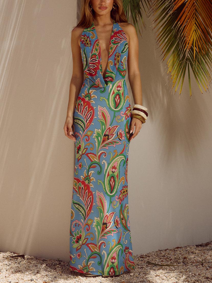 Elegant Drape Neck Paisley Print Maxi Dress