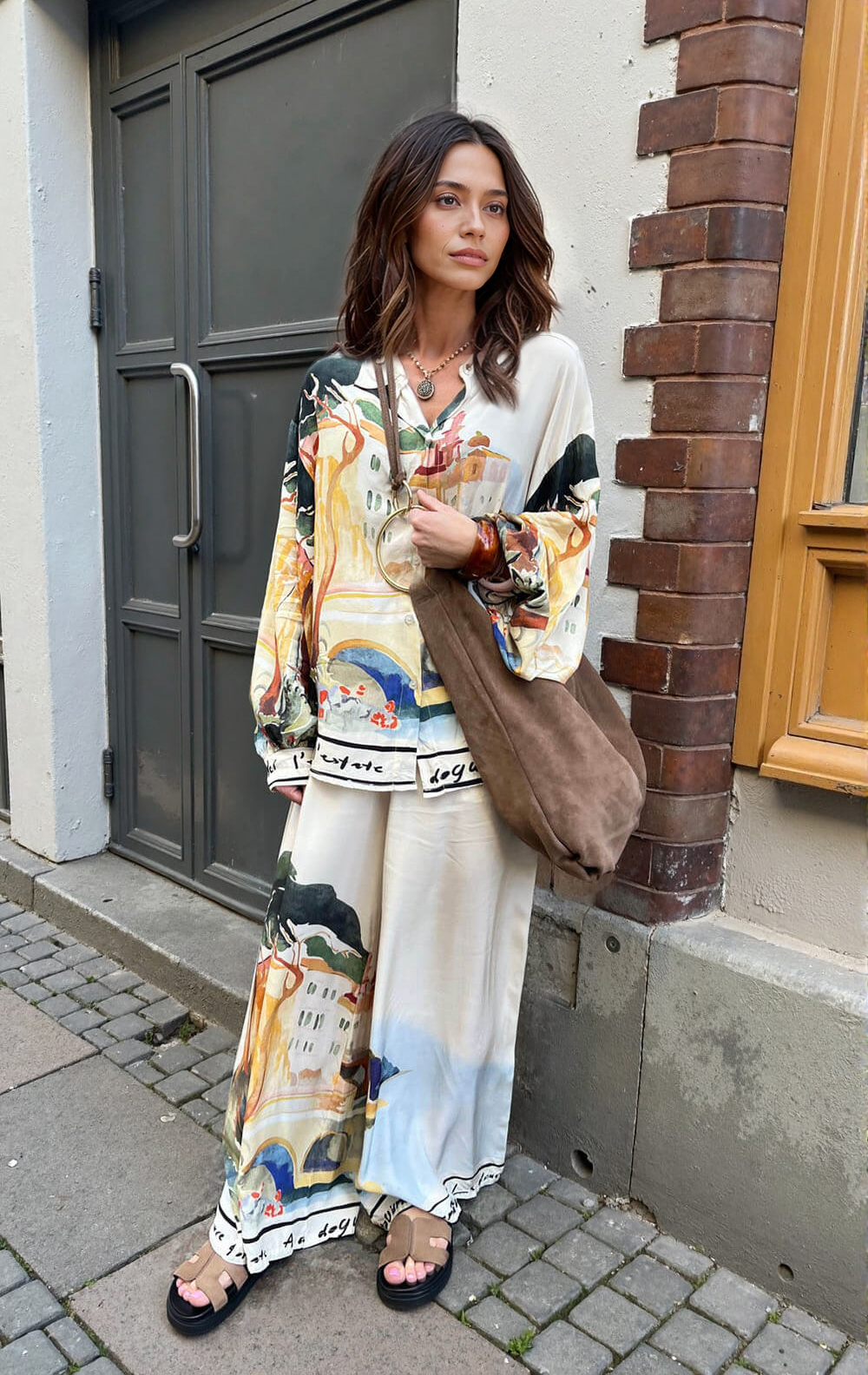 Modern Unique Satin Landscape Print Loose Oversized Shirt