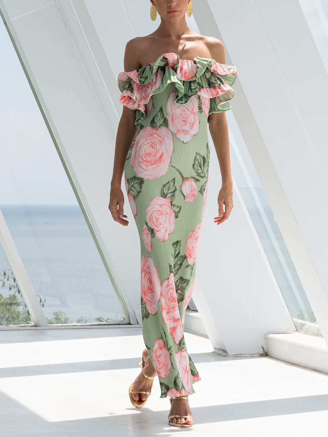 Elegant Floral Print Variety Collar Pleated Maxi Dress