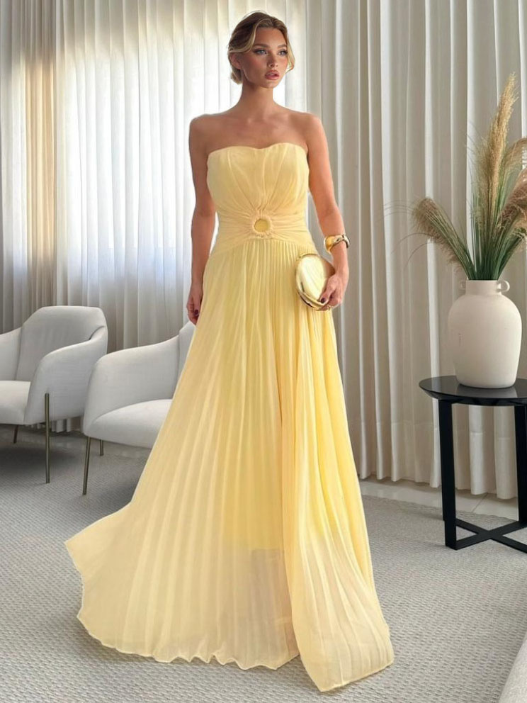 Elegant Strapless Pleated Maxi Dress