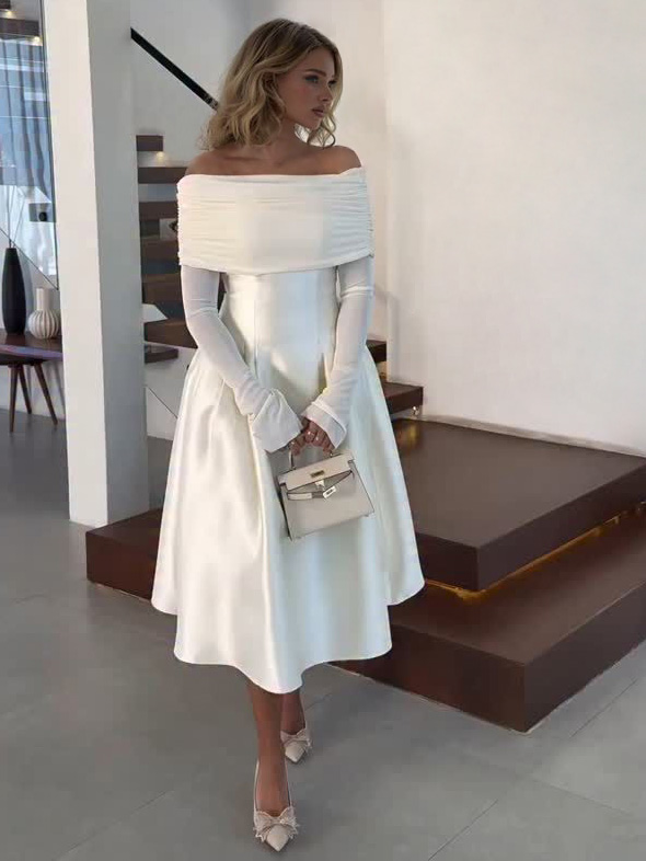 Elegant Off-Shoulder Satin Midi Dress