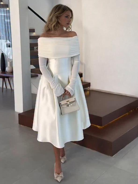 Elegant Off-Shoulder Satin Midi Dress