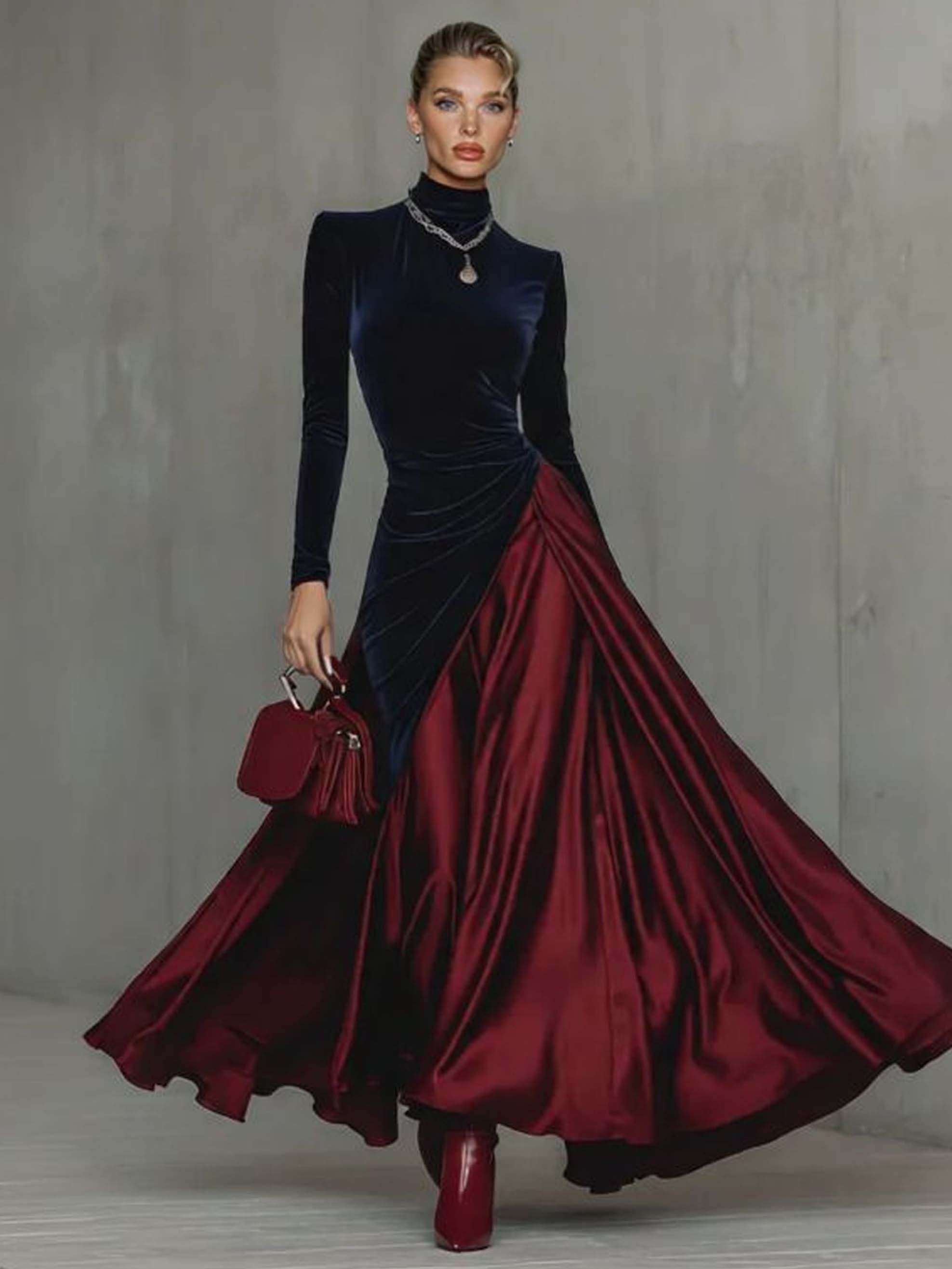 Elegant Velvet Satin Color-blocked Maxi Dress