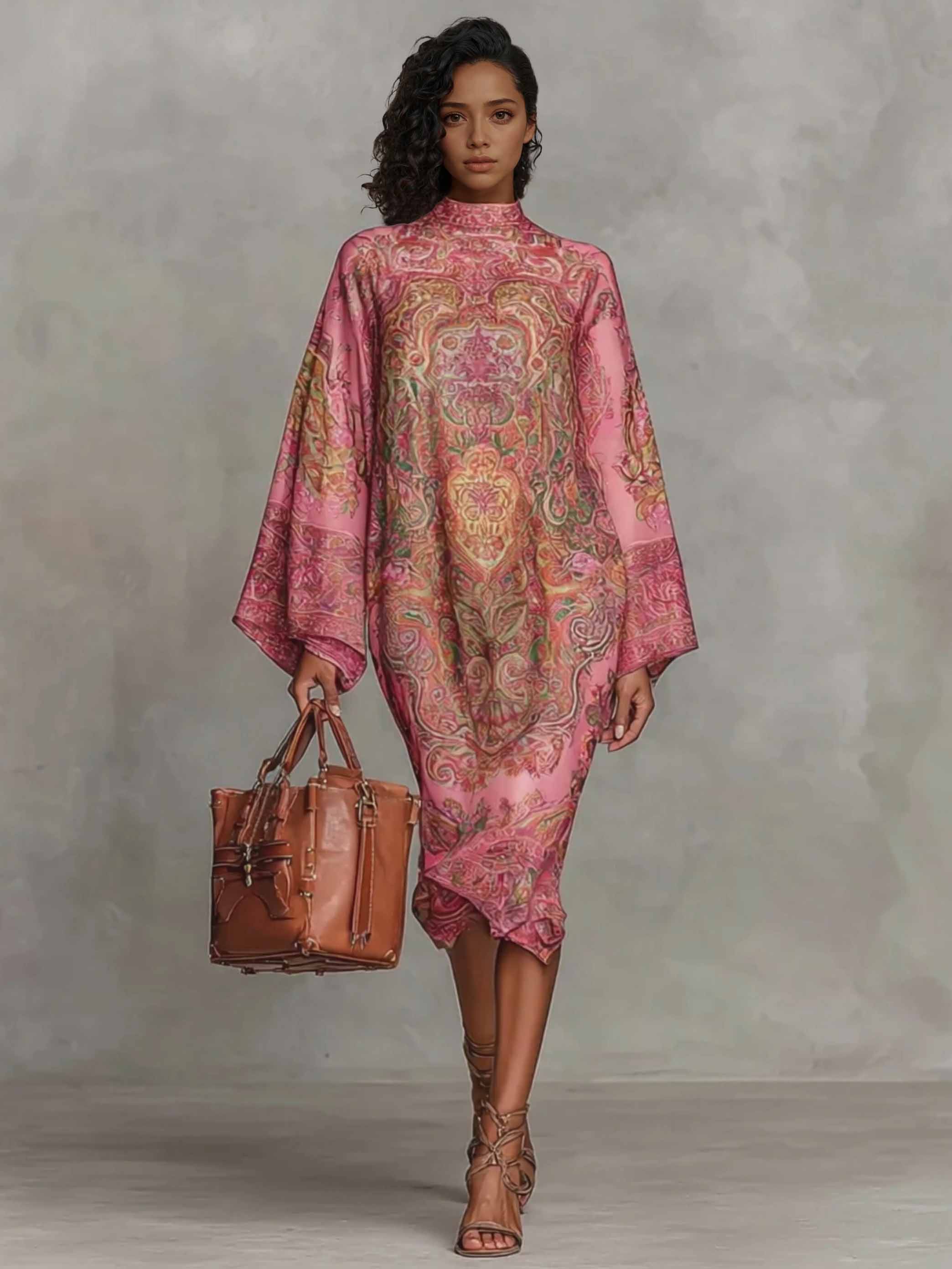 Retro Paisley Print Round Neck Flared Sleeve Midi Dress