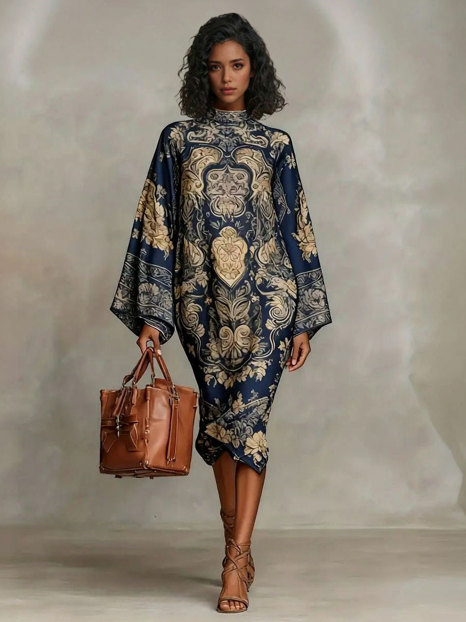 Retro Paisley Print Round Neck Flared Sleeve Midi Dress