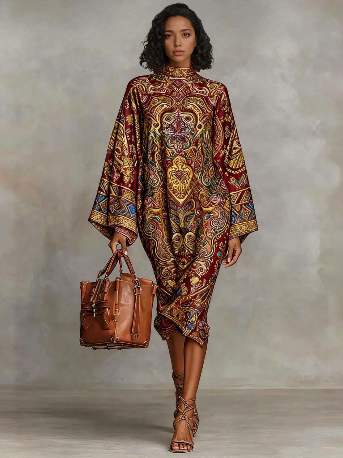 Retro Paisley Print Round Neck Flared Sleeve Midi Dress