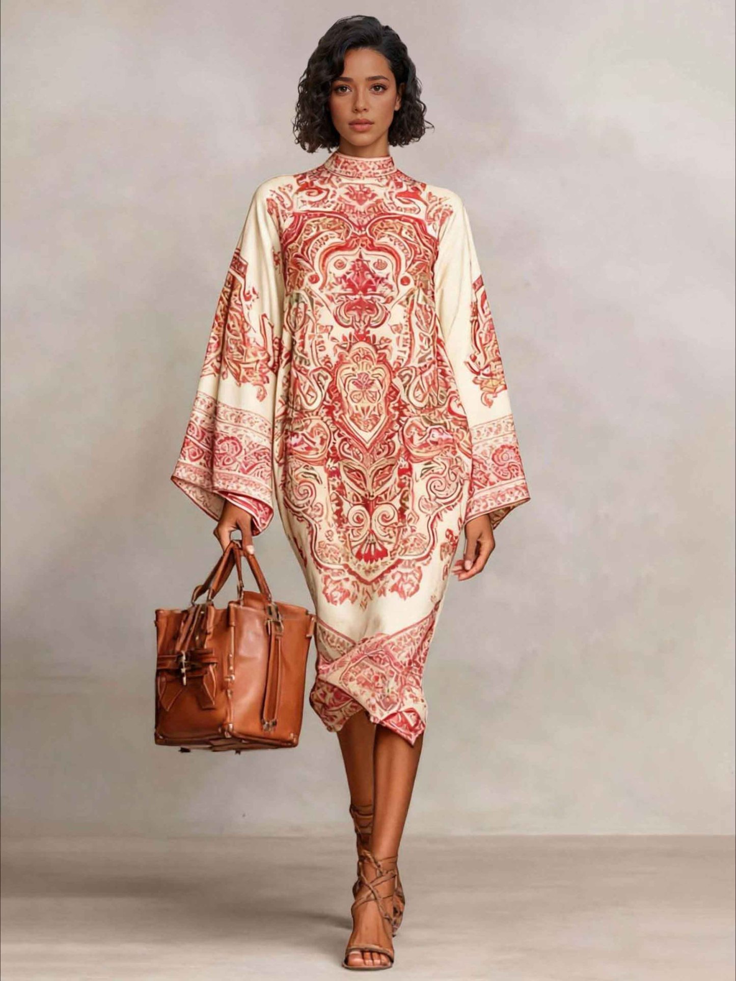 Retro Paisley Print Round Neck Flared Sleeve Midi Dress