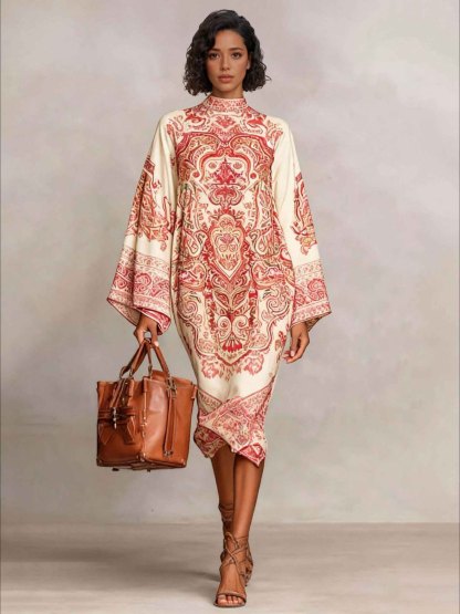 Retro Paisley Print Round Neck Flared Sleeve Midi Dress