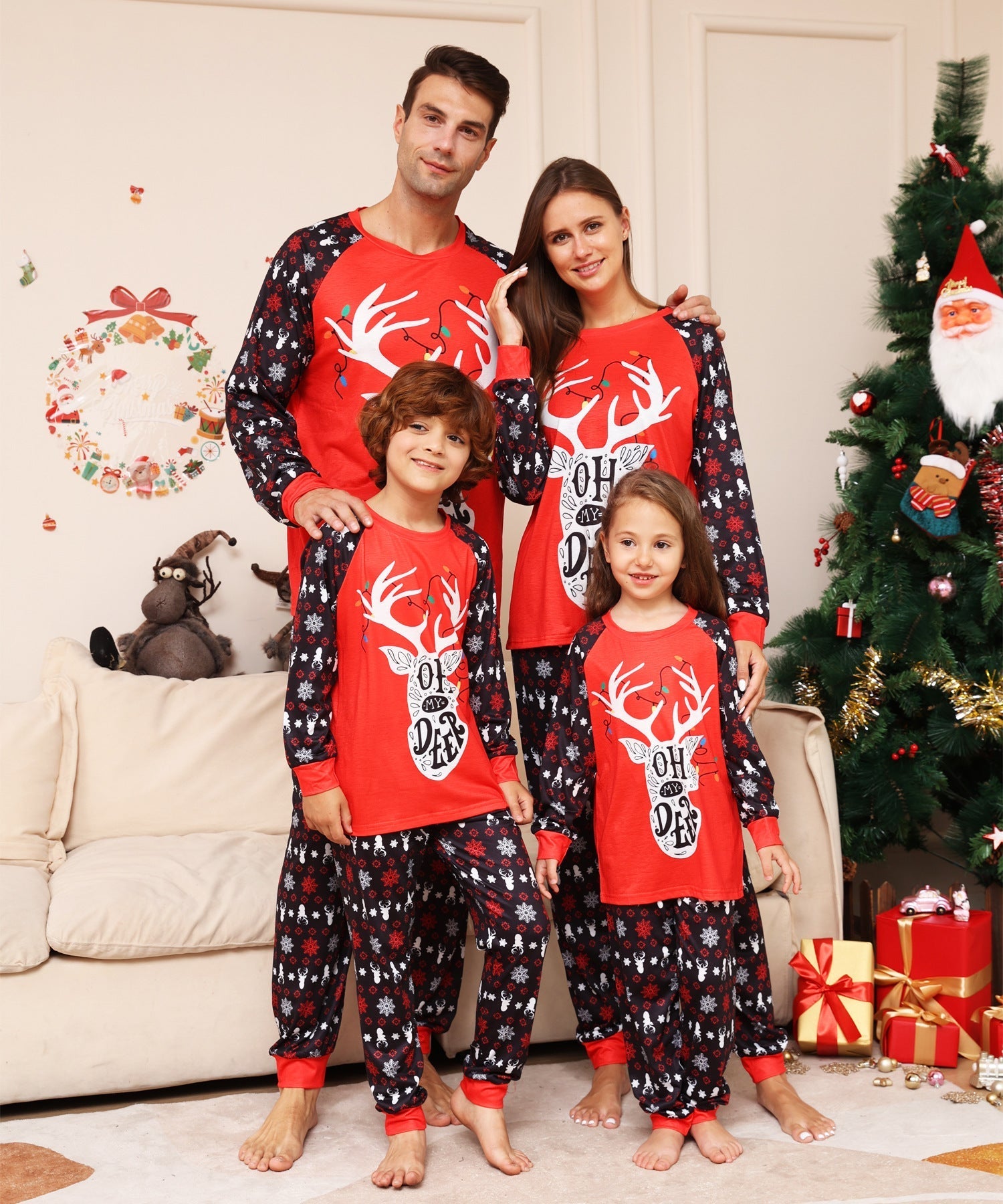 Red Christmas Snow Deer Fmalily Matching Pajamas Sets (with Pet's dog 