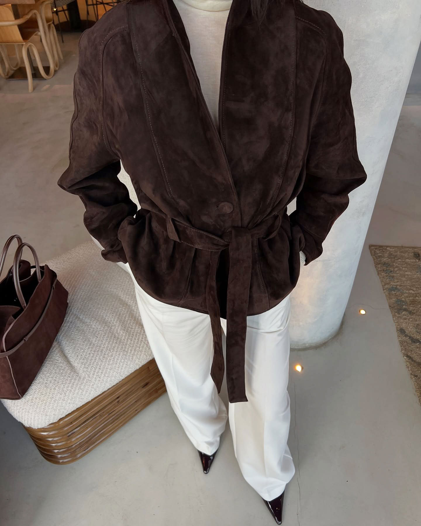 Women's Autumn/Winter Vintage-Style Faux Suede Jacket with Belt – Long-Sleeved, Brushed Finish