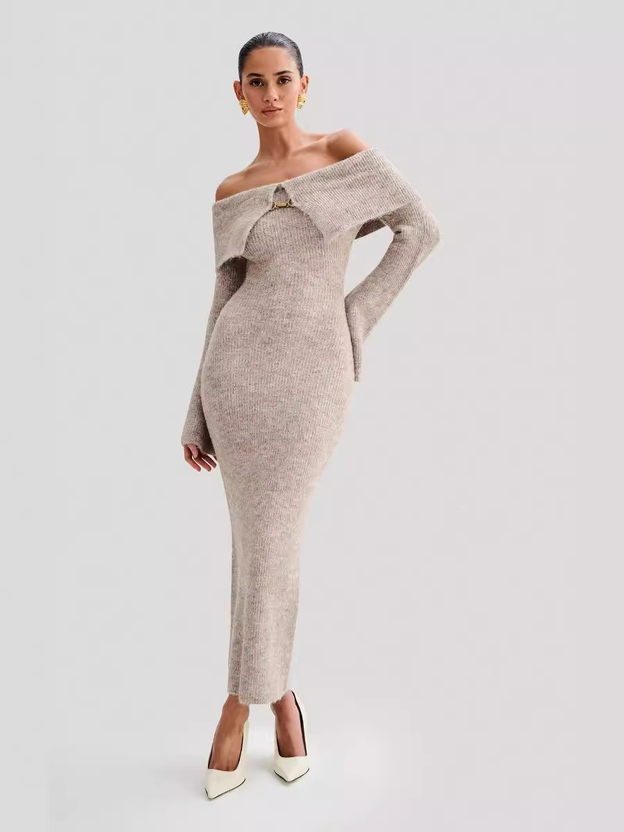 Off-the-shoulder knitted sweater dress, form-fitting, hip-hugging style.