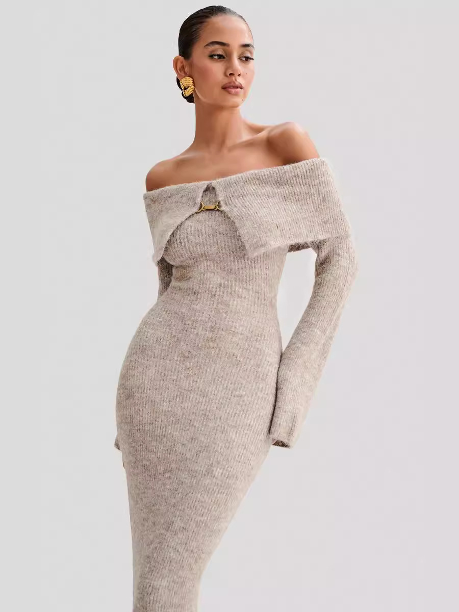 Off-the-shoulder knitted sweater dress, form-fitting, hip-hugging style.
