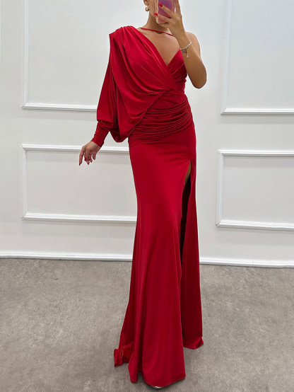 Fashion V-Neck Pleated Slit Sexy Maxi Dress