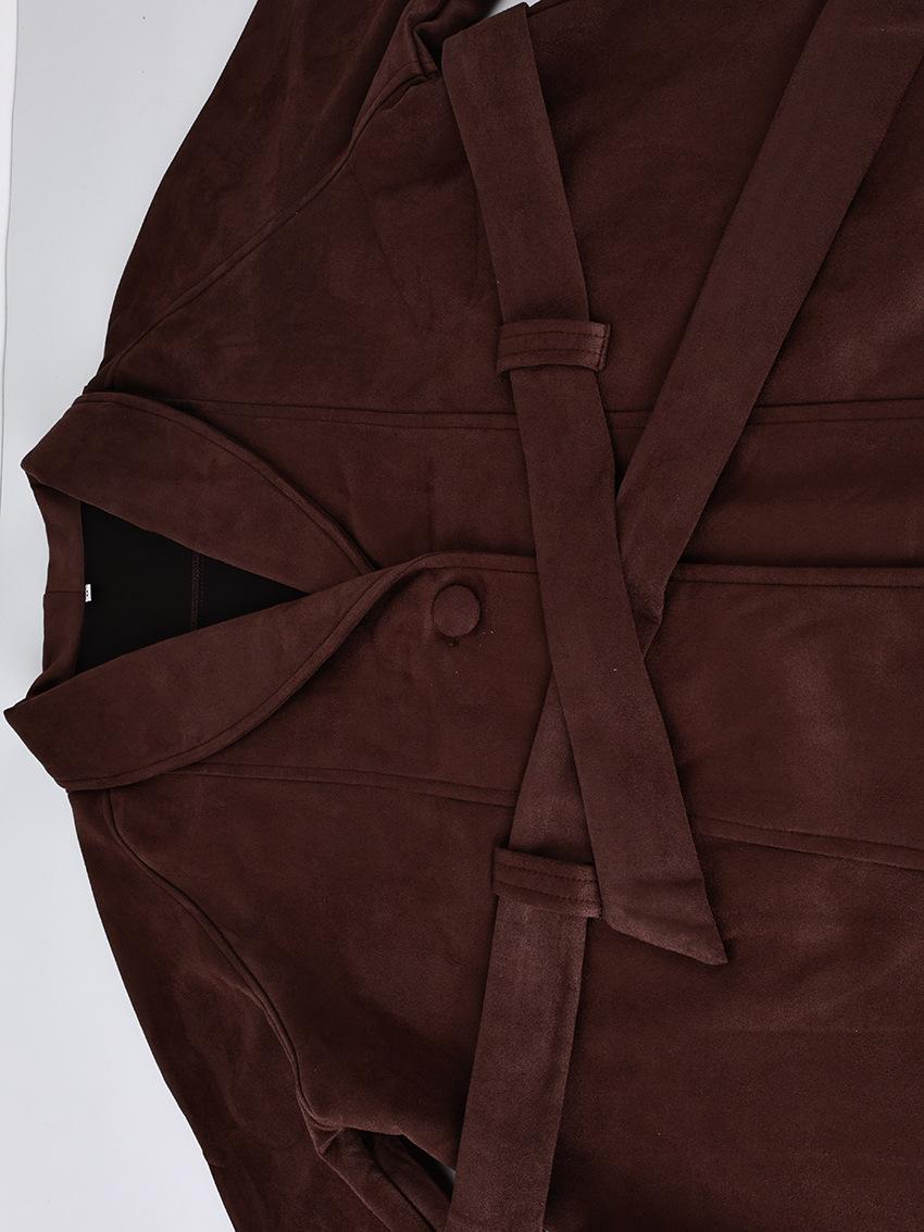Women's Autumn/Winter Vintage-Style Faux Suede Jacket with Belt – Long-Sleeved, Brushed Finish