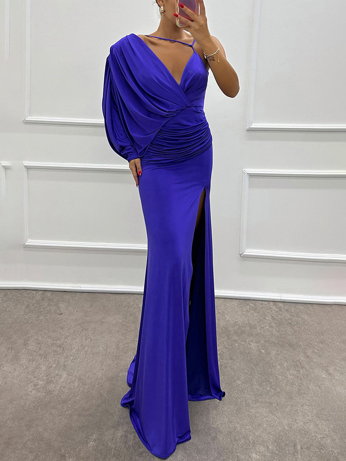 Fashion V-Neck Pleated Slit Sexy Maxi Dress
