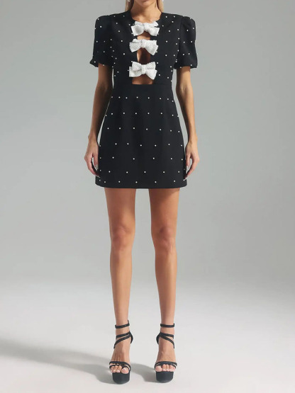 Elegant And Exquisite Bow Puff Sleeve Mini Dress