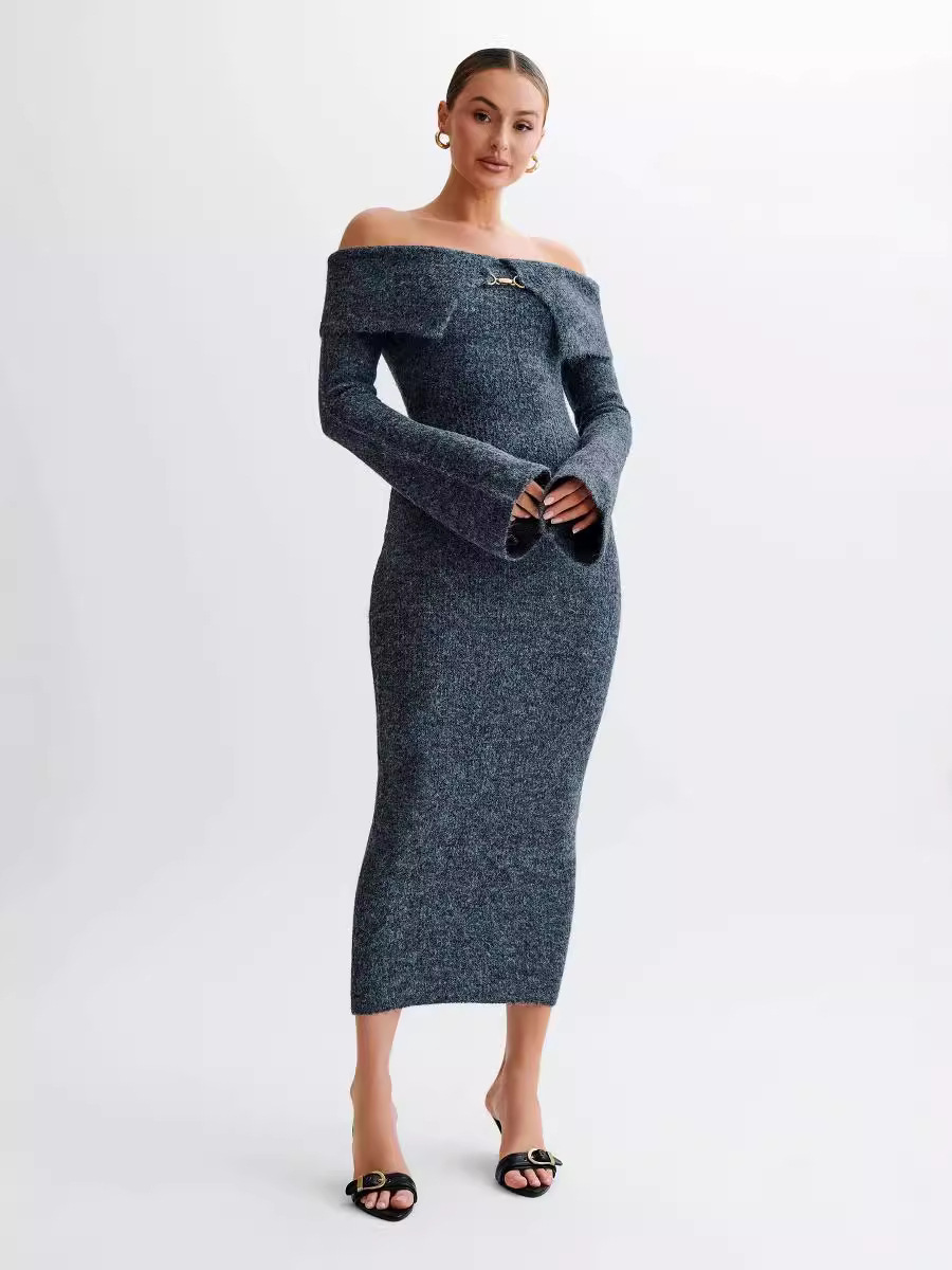 Off-the-shoulder knitted sweater dress, form-fitting, hip-hugging style.