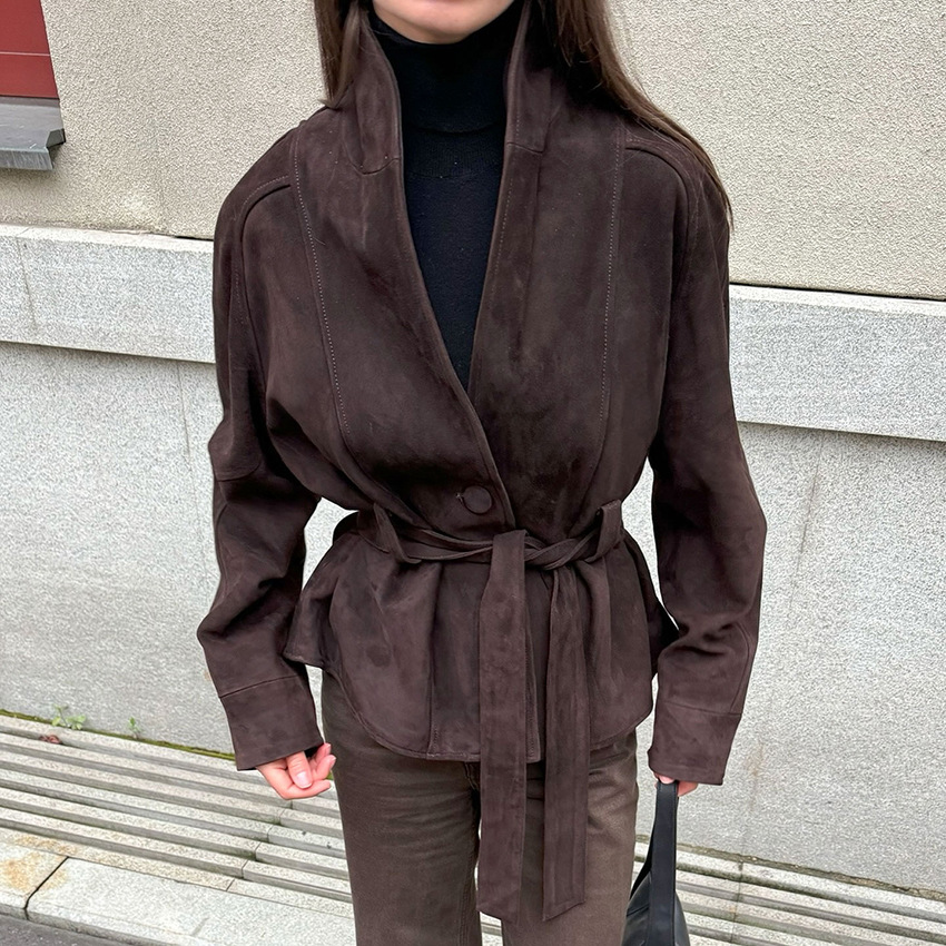 Women's Autumn/Winter Vintage-Style Faux Suede Jacket with Belt – Long-Sleeved, Brushed Finish
