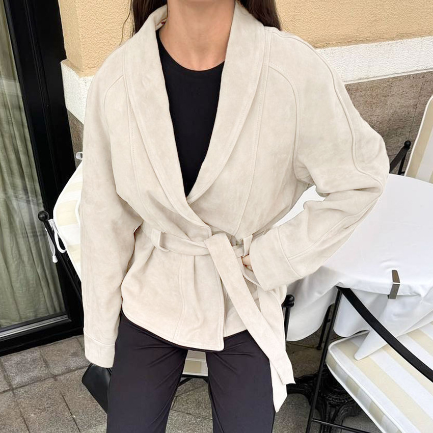 Women's Autumn/Winter Vintage-Style Faux Suede Jacket with Belt – Long-Sleeved, Brushed Finish