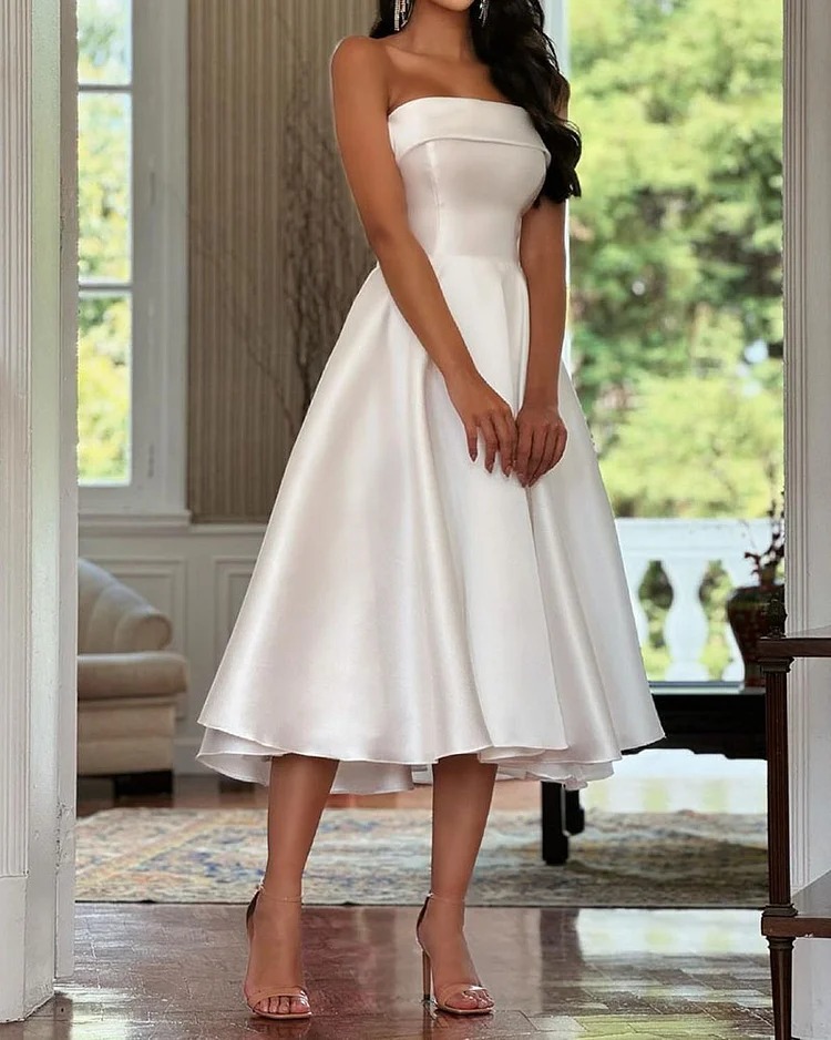 Elegant Strapless Solid Color Midi Dress
